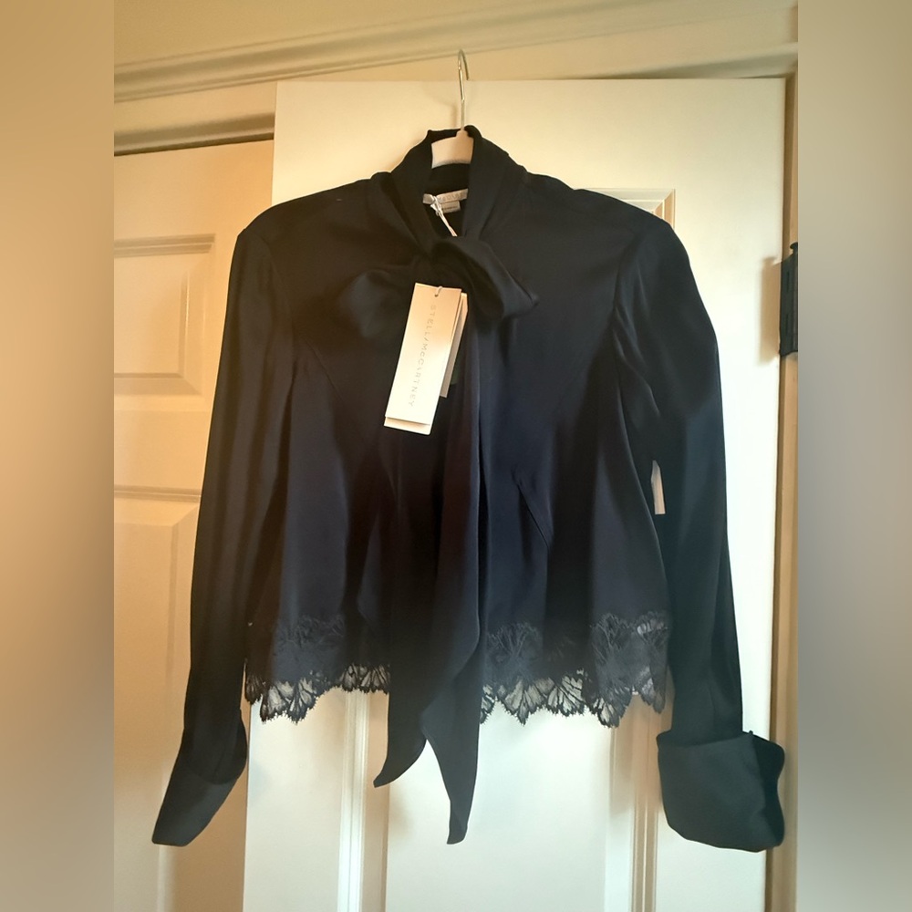 Authentic Stella McCartney Black Tie-Neck Blouse with Lace Hem Size 40